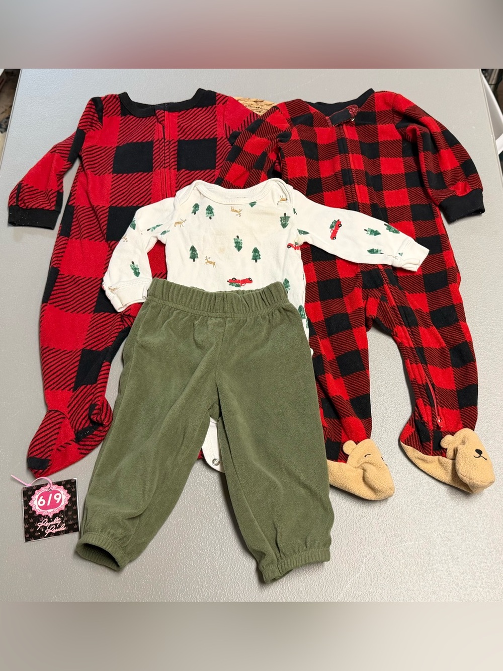 Carter's Red & Black Buffalo Plaid Footed One-Piece and Olive Pants Set